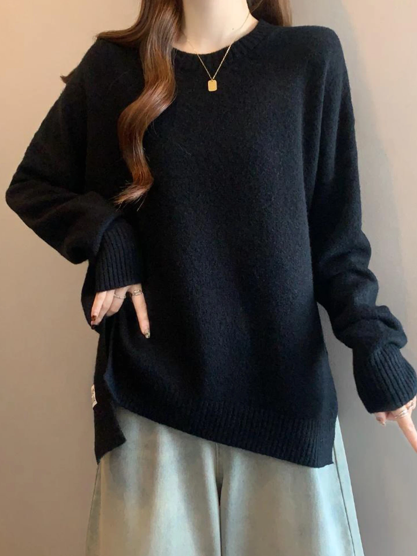 

Женский вязаный свитер Bla Long Sve для осени и зимы, больших размеров, скрывающий живот, повседневный, с круглым вырезом, с разрезом, для ношения под одеждой