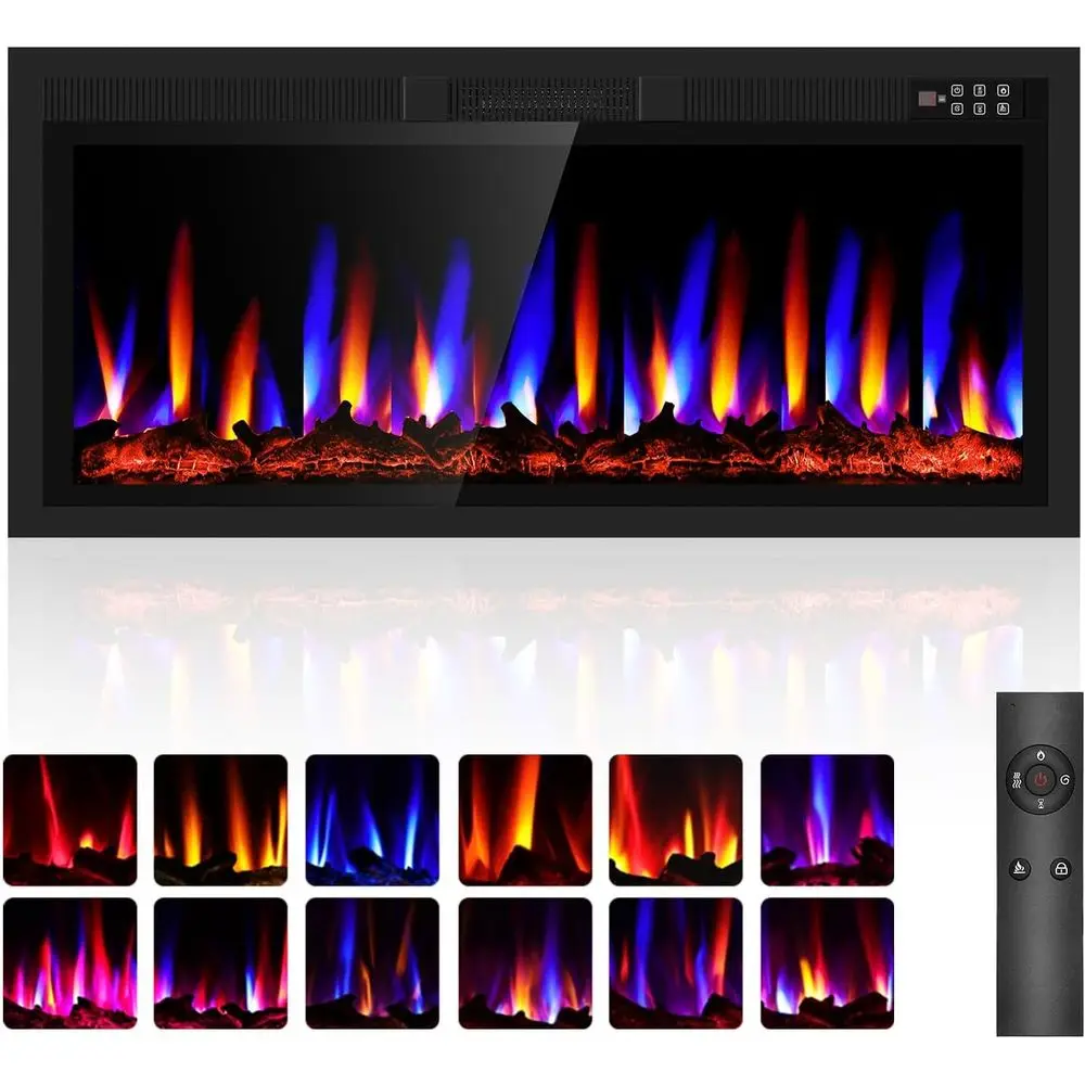 

42 Slim Electric Fireplace, Modern Bezel, Ideal for Linear Spaces, 750/1500W, Touch & Remote, Timer, Log Flame Effect