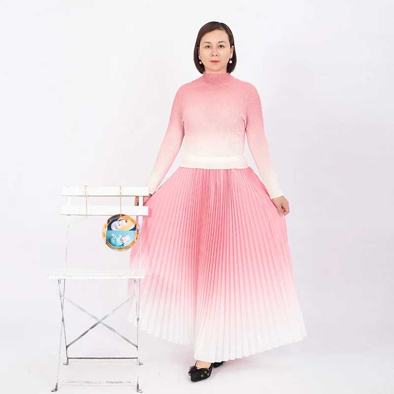 

Miyake Pleated Women 2023 New Gradient Corn Pleated Long Sleeve Loose Temperament Women Skirt Suit