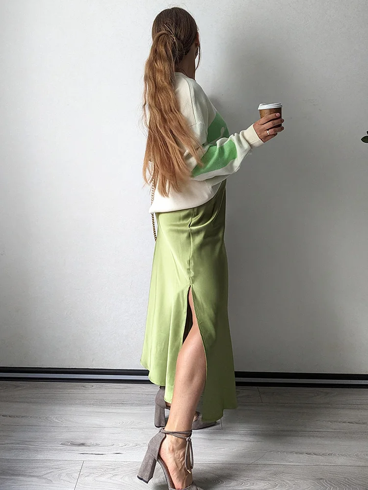 Streamgirl Maxi Solid Slit Skirts For Women Long Elegant Summer Office Champagne Satin Skirts Elastic Waist Women's Summer Skirt
