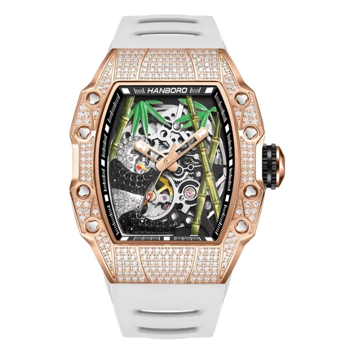 HANBORO Men Automatic Watch 50m Tonneau Mechanical Wristwatch Luminous Crystal Case Waterproof Skeleton Panda Dial Miyota 82S0