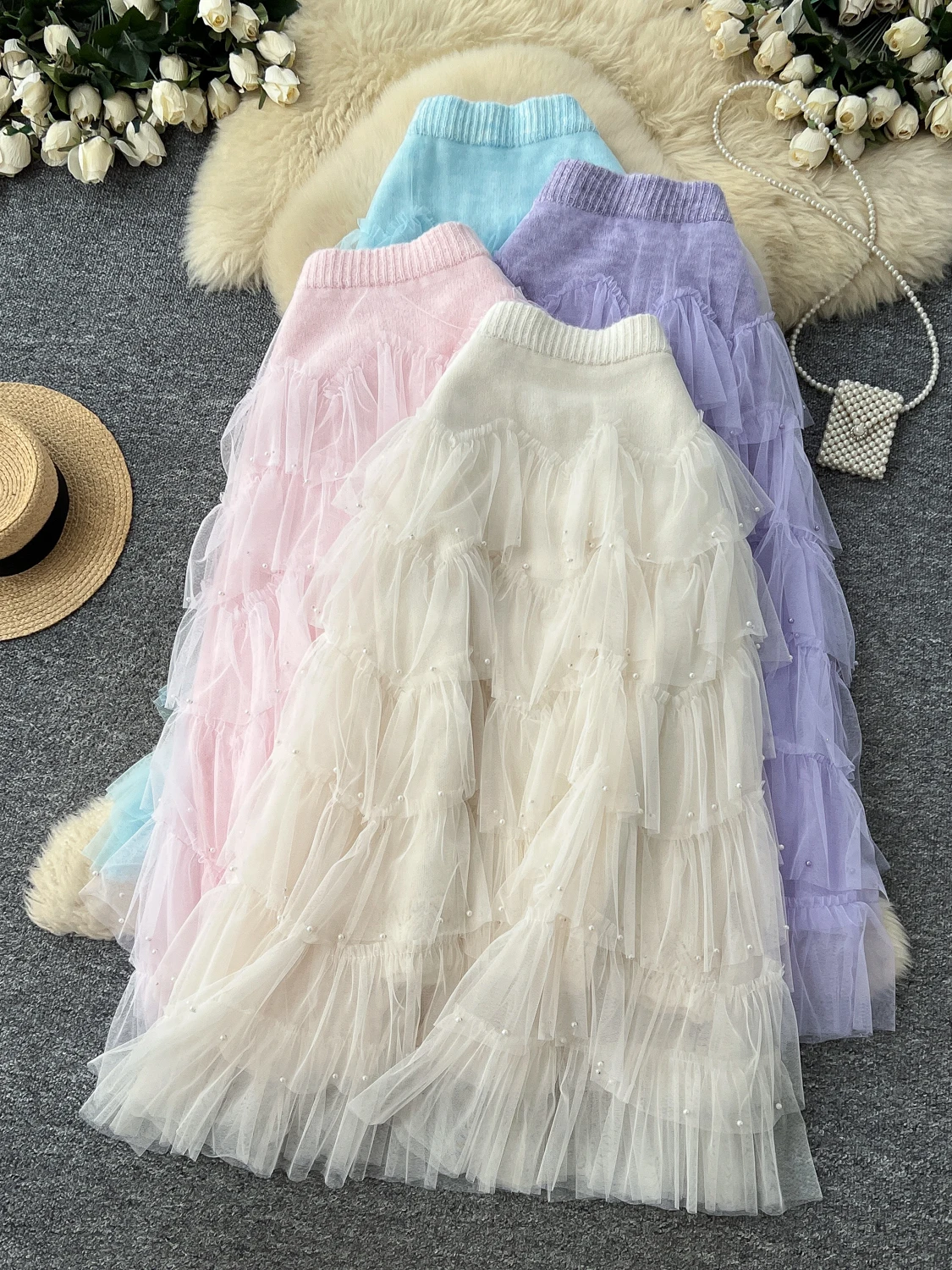 Fairy Style Beaded Tulle Cake Skirt Women's High Waist Slimming Puffy Midi Multi-layered Skirt Commute Autumn Fashion