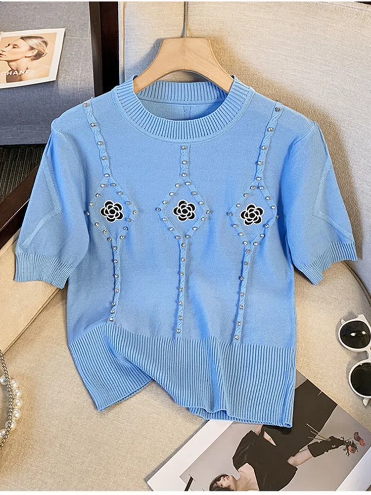 Summer Knitted Short-sleeved Tshirt Female 2024 New Flowers Embroidery Diamonds Sweet Thin Sweater Women Crop Tops