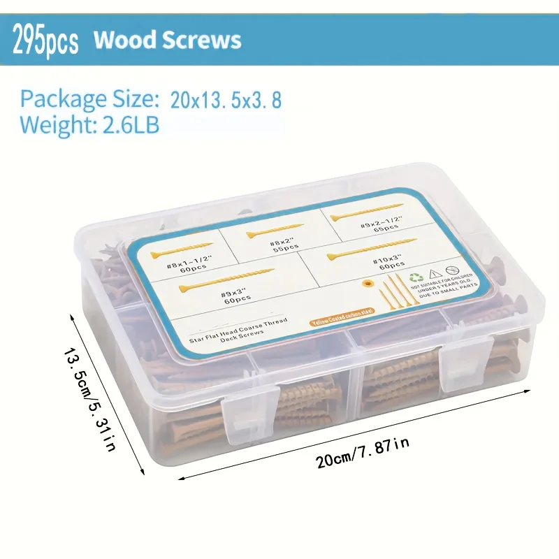 295-piece wood screw kit #8 #9 #10 Hex drive wood screws for decoration, furniture, and woodworking projects