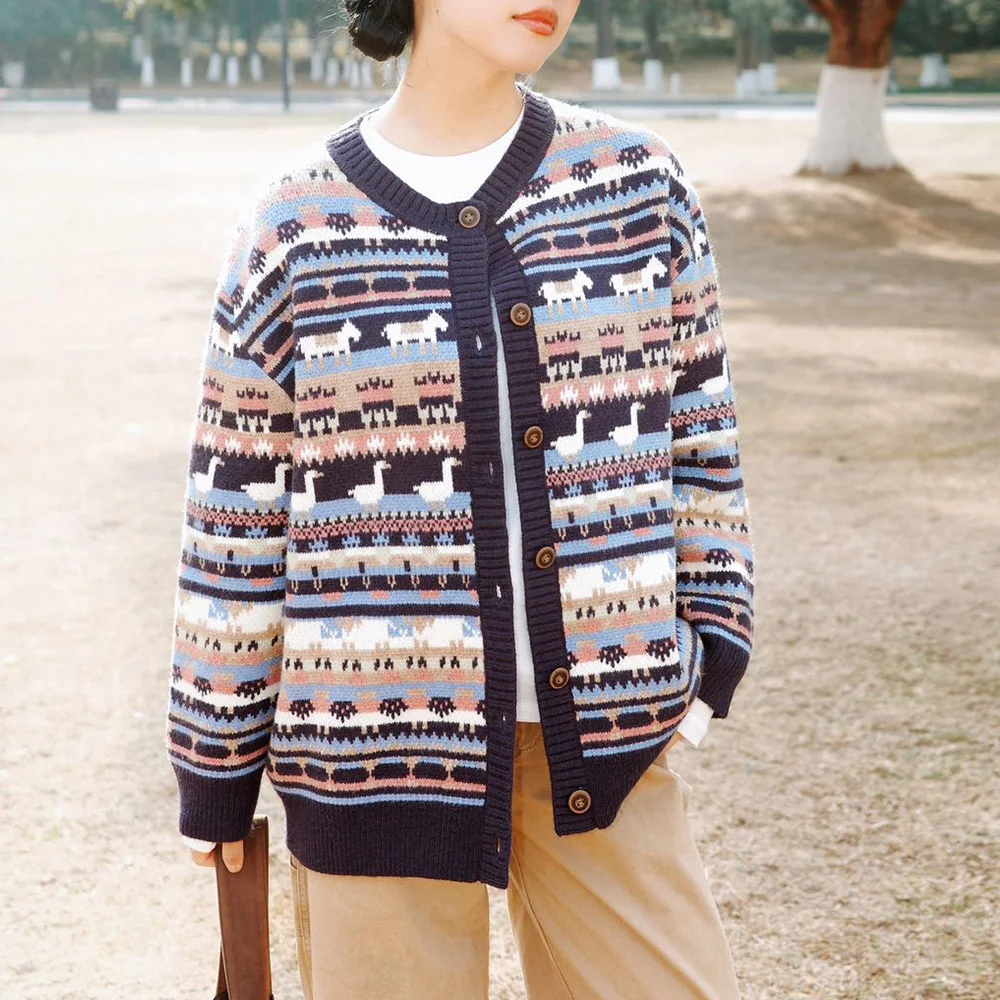 

Maden Women's Retro Fair Isle Knit Cardigan Loose Fit Thick Jacquard Single Breasted Sweater Outerwear Cozy Top Spring