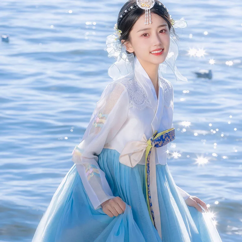 Hanbok-vestido tradicional de gasa azul para mujer, traje de corte coreano para boda, Kimono, ropa de las islas de Asia y el Pacífico, 2023