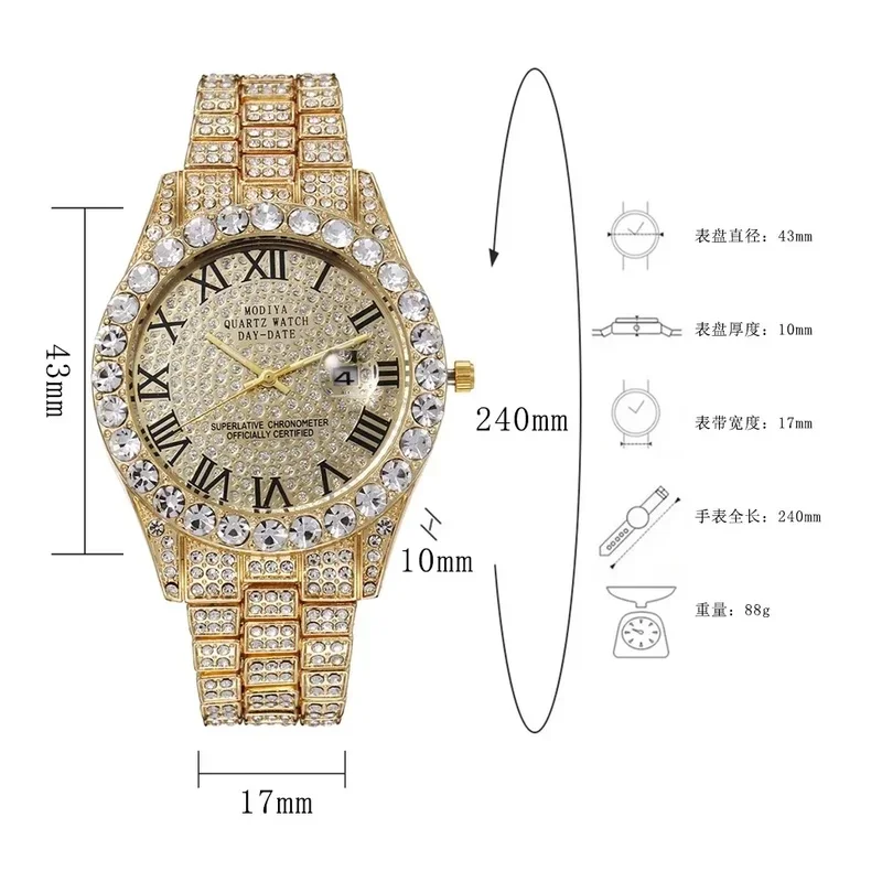 Luxury Gold Iced Out Rhinestone Quartz Wristwatch Unisex Sparkling Diamond Calendar Daily Wear Watch