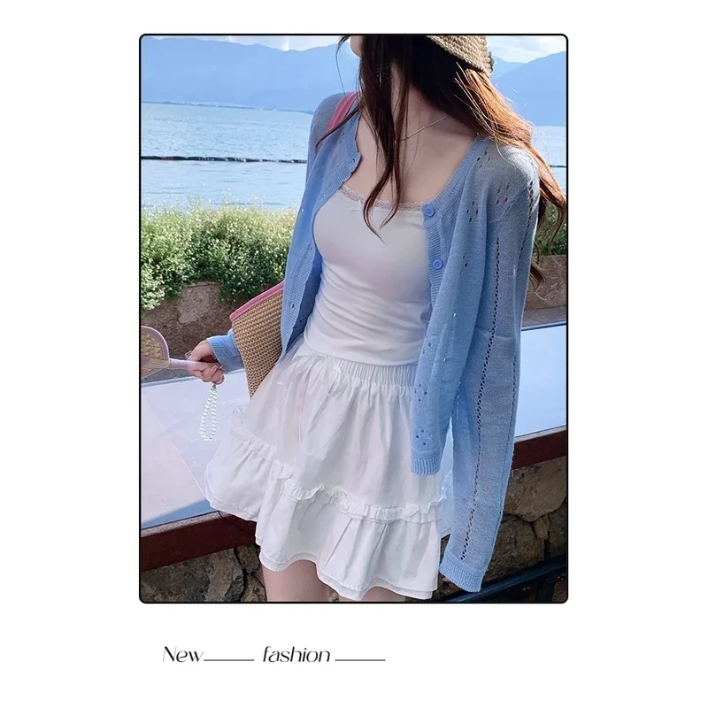 Grey Knitted Cardigan Thin Tops Women Summer Hollow Out Long Sleeve Button Sun Protected Korean Style Short Knitwear Tops Female