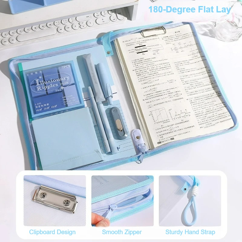 A4 File Bag Built-in Clipboard Pastel Color Handheld Zipper Design U-Shaped Opening 180° Flat-Lay Cute Stationery Small Gift