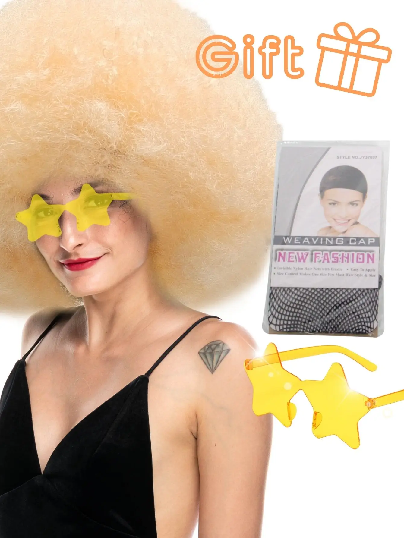 Oversized pluizig krullend haar pruik meerkleurig hittebestendig synthetische vezel met plus bril voor feest