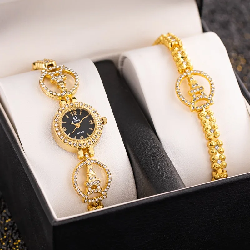 2pcs Luxury Diamond Bracelet Watches for Woman Fashion Elegant Alloy Ladies Quartz Wristwatch Dress Female Clock Montre Femme