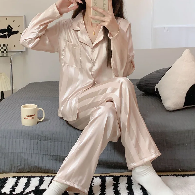 Women Pajamas Striped Pijama Sets Silk Satin Female Home Clothes Sleepwear Longsleeve Shirt Pants Homewear Shirt Pants Loungewea