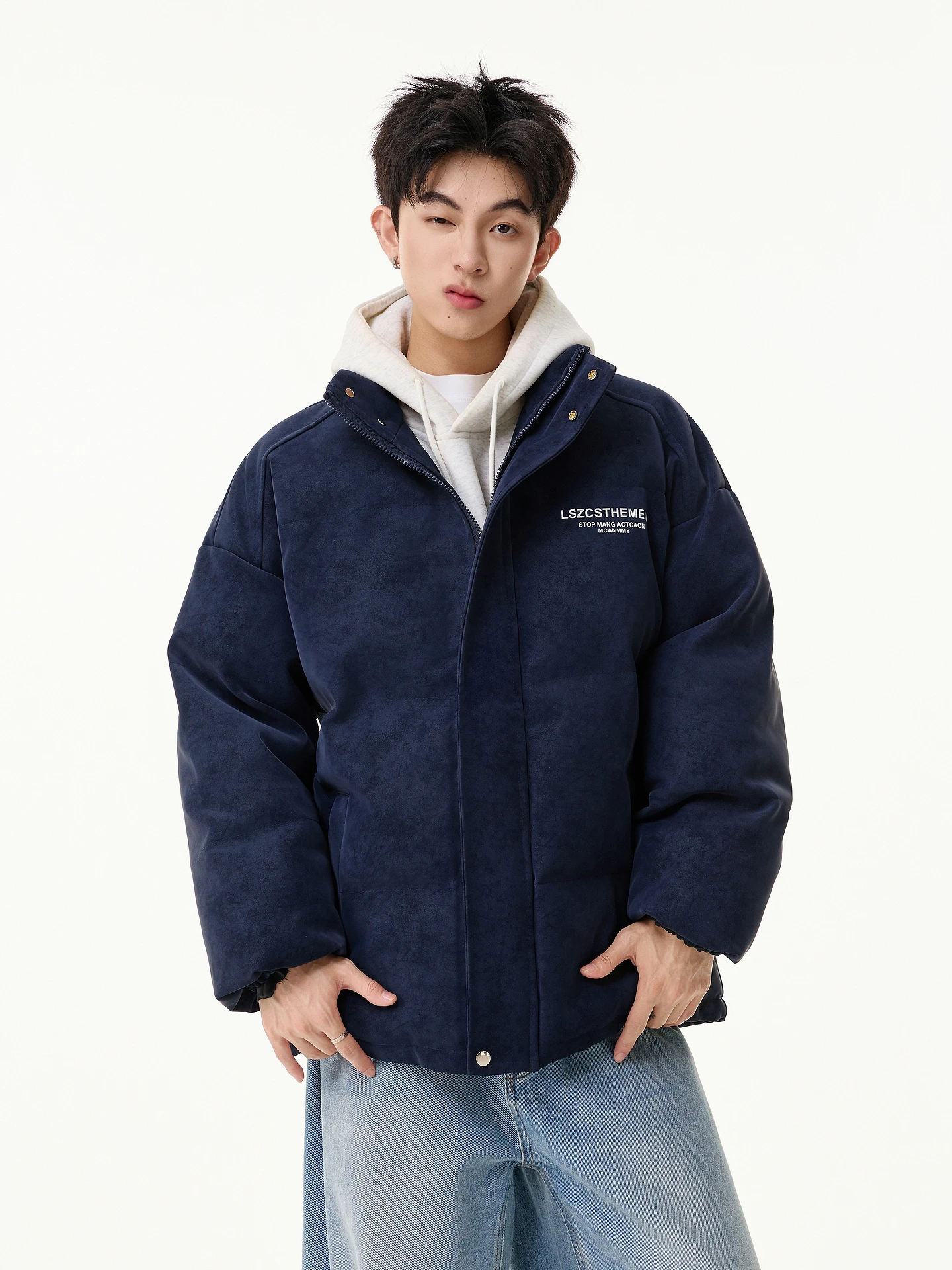 Winter American Style Thickened Stand Collar Windproof Casual White Cotton Jacket Men's Black Warm Versatile Cotton Coat