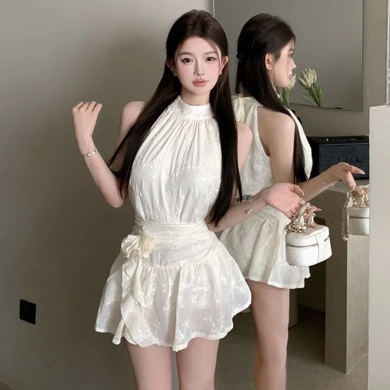 France Sweet Sleeveless Party 2-piece Set Women Summer Design Chic Thin Slim Off Shoulder Tops + High Waist Ruffle Short Skirt