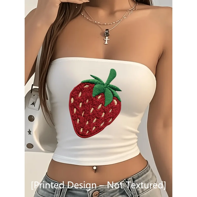 Strawberry Texture Print Decal Strapless Top - Women's Y2K Sweet Style Strapless Short-Sleeved Blouse