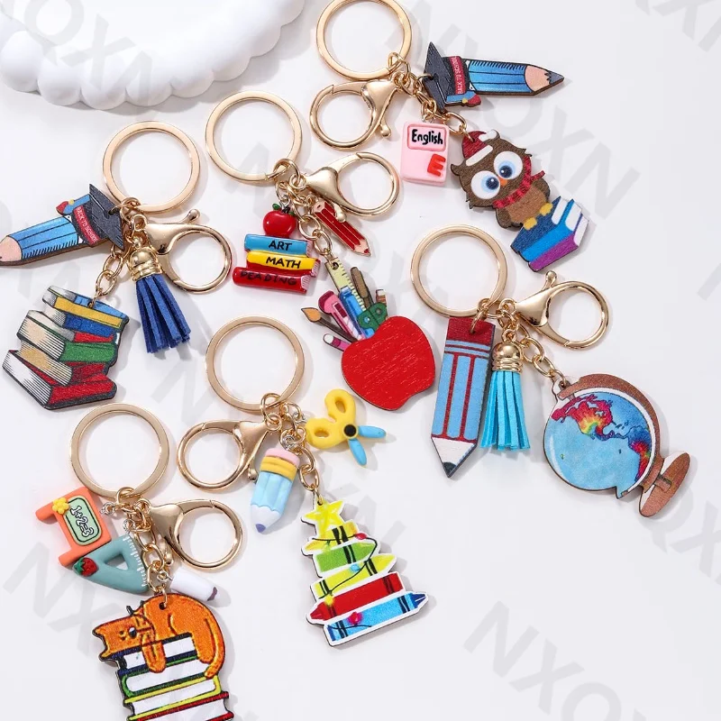 Wooden Acrylic Book Pencil Ruler School Season Keychain Earth Teacher's Day Gift Key Ring For Teacher Handmade Jewelry Set