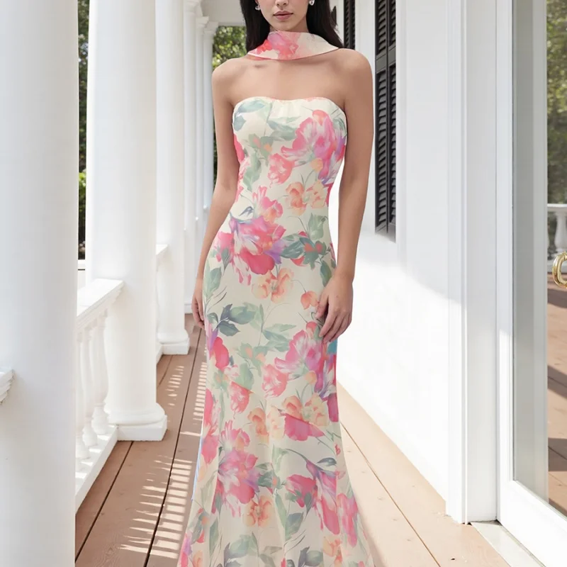 Langes Röhrenoberkleid für Damen, schmales Blumen-/effenes, schulterfreies, ärmelloses, figurbetontes Fischschwanzkleid mit Schal