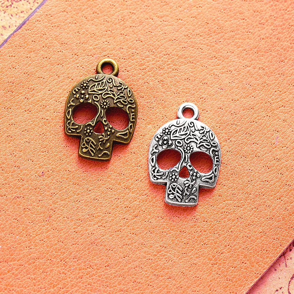 15Pcs/Lot Charms Skull Skeleton Head 24x16mm Tibetan Silver Color Pendants Antique Jewelry Making DIY Handmade Craft