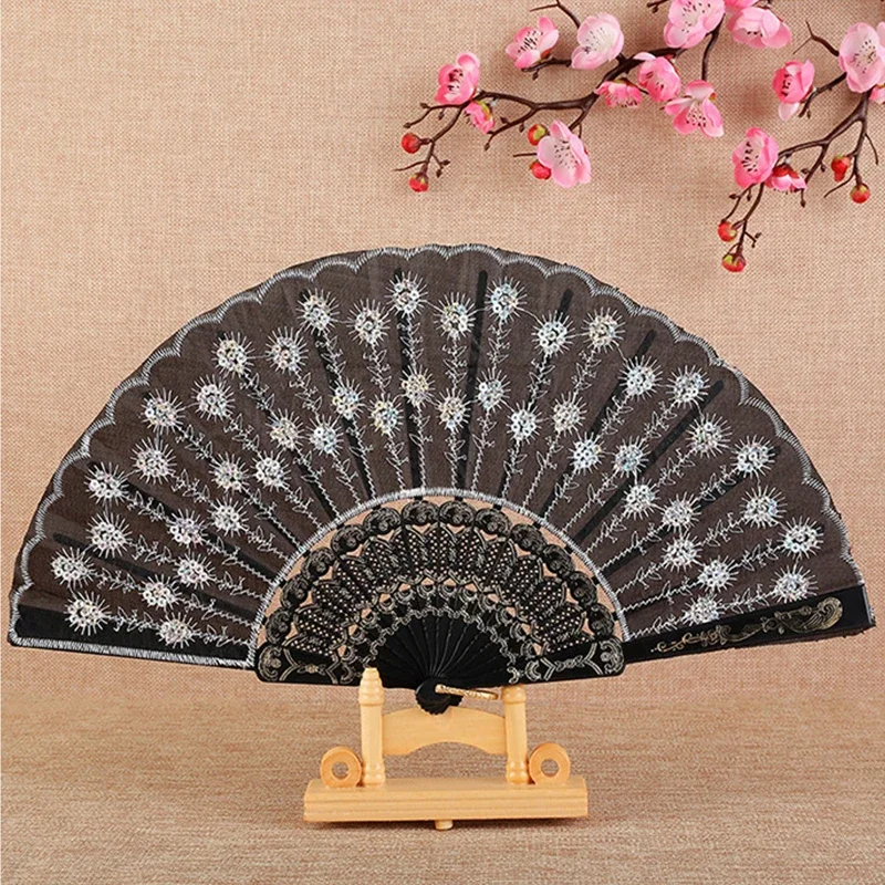 Black Plastic Folding Fan Embroidery Floral Sequins Fan Solid Hollow Lace Women Hand Held Fan Wedding Festival Gift