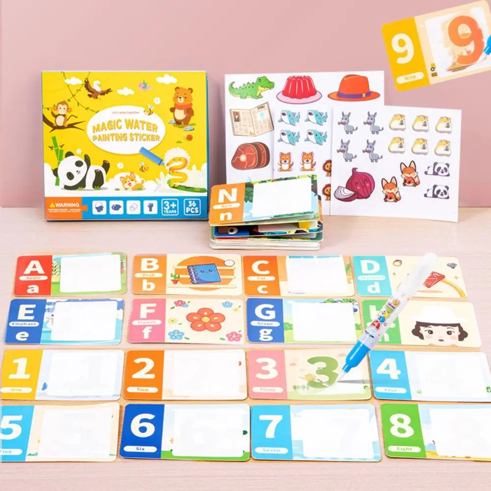 Livro de adesivos infantis de papel com caneta, livro de desenho de água para aprendizagem de inglês, portátil, 26 alfabeto, cartas para colorir de água, brinquedo
