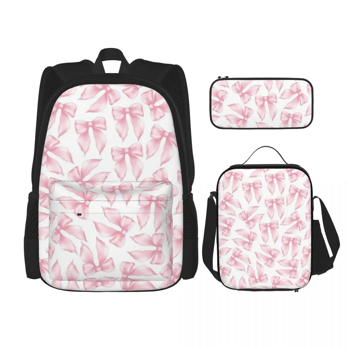 Cochuette Pink Bow Bliss-pattern Sacs à dos pour étudiants, sacs d'école, sac à déjeuner, sac à crayons, ensemble de trois pièces