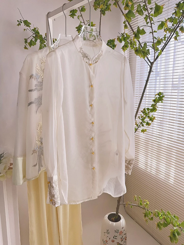 

Новинка: Летняя тонкая женская блузка с вышивкой, в китайском стиле, с воротником-стойкой и пуговицами