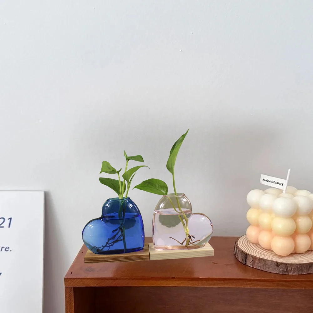 Bunte, in Liebesform, Glasvase mit hydroponischen Blumenpflanzen aus Holz, Vase für den Schreibtisch, Ornament, Wohnzimmer, Büro, Dekoration