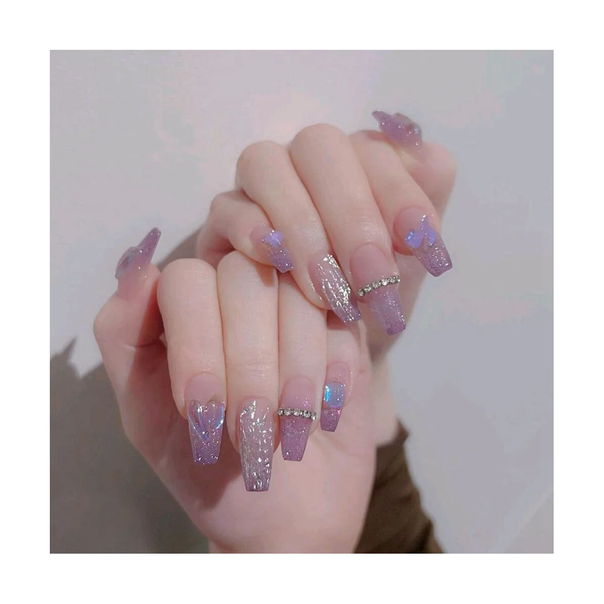 Gradient Purple Burst Flash False Nails Gradual Change Rhinestones Nails Wearable Press on Nails Full Cover Nail Tips