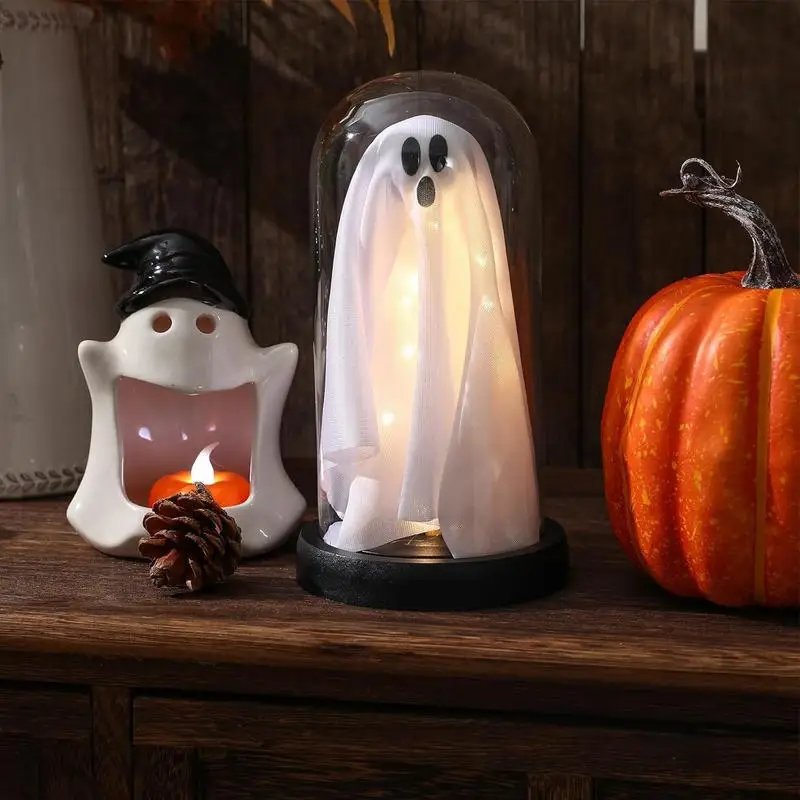 Light Up Ghost In Cloche Halloween Decorations Miniature LED Light Ghost Figurines Novelty Light Up Ghost In Cloche Ghost