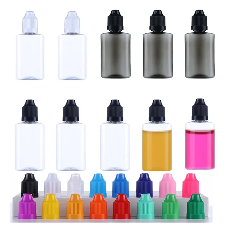 5pcs 30ml Empty PET Plastic Flat Dropper Bottles Clear Black Liquid Vials Containers Long Tip Cap with Funnel Refillable Bottles