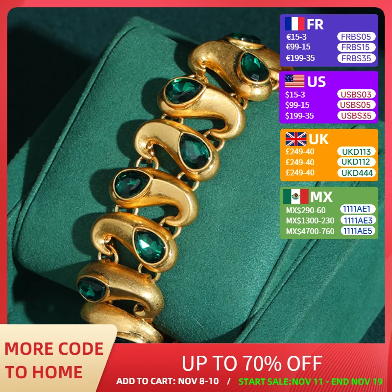 

Vintage Green Crystal Wide Bracelet Charm For Bangles 18k Gold Plated Jewelry Luxury Dubai Designer Heavy Industry Women 2025