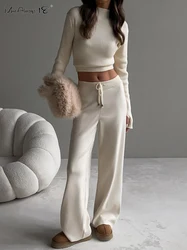 Mnealways18 Winter Ribbed Knitted Pants Sets Two Pieces Slim Sweater And Warm Pants Outfits Office Ladies 2-Piece Outfits 2024