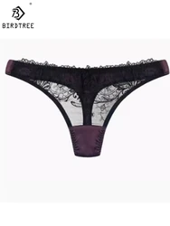 BirdTree 93%Real Silk Low Rise Thongs,Women's Sexy French Lace Hollow Comfortable Breathable Panties,2024 Summer New P41956QD