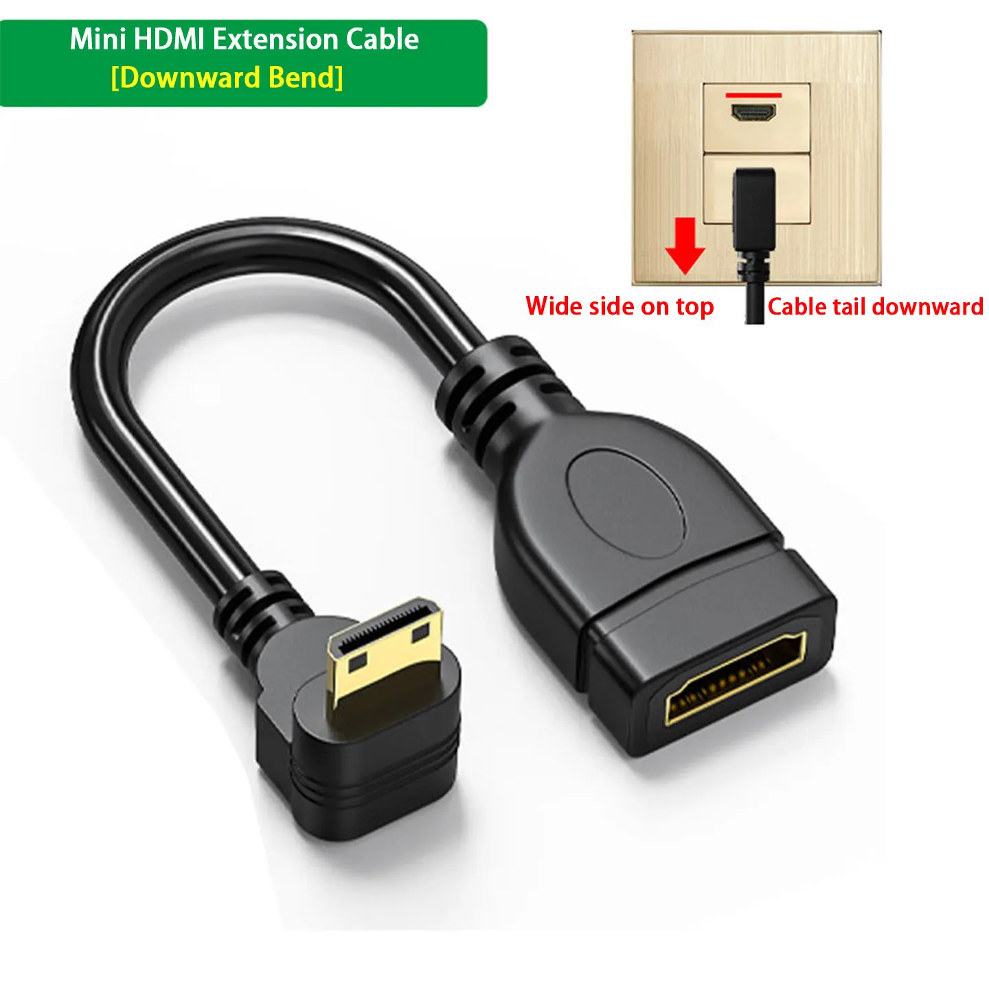 Mini HDMI to HDMI Female Adapter Cable 0.15m Gold Plated Right Angle Up/Down/Left/Right for Camera Camcorder Tablet to TV