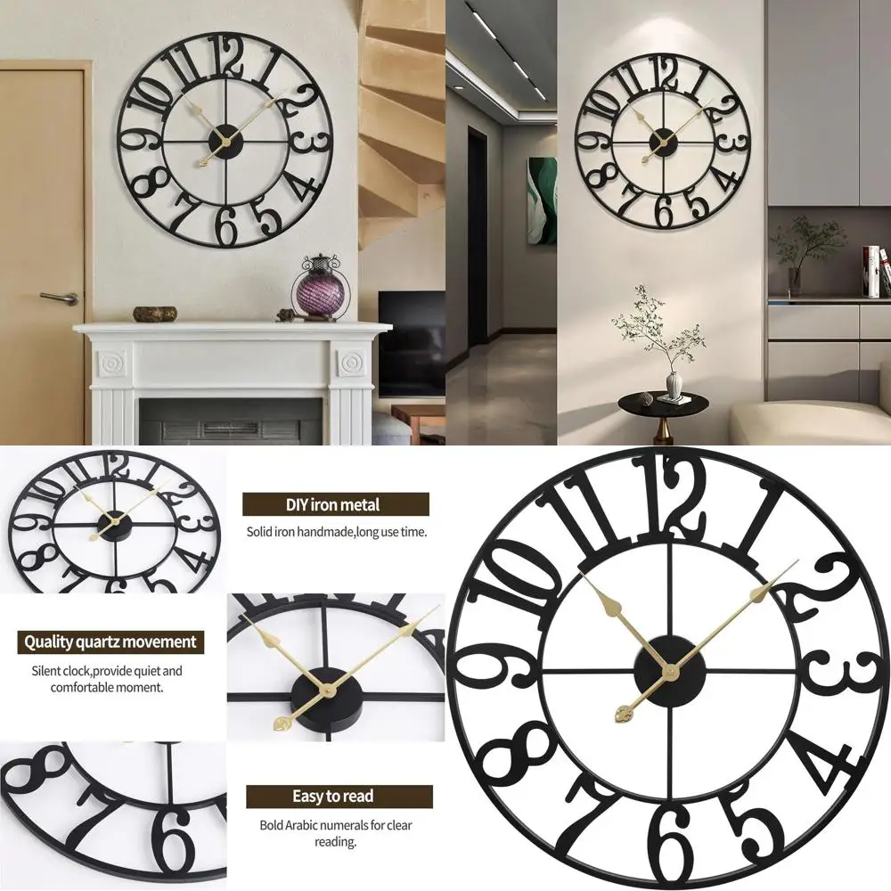 

24 Round Vintage Farmhouse Wall Clock, Silent Battery-Powered, Metal Analog for Home Decor