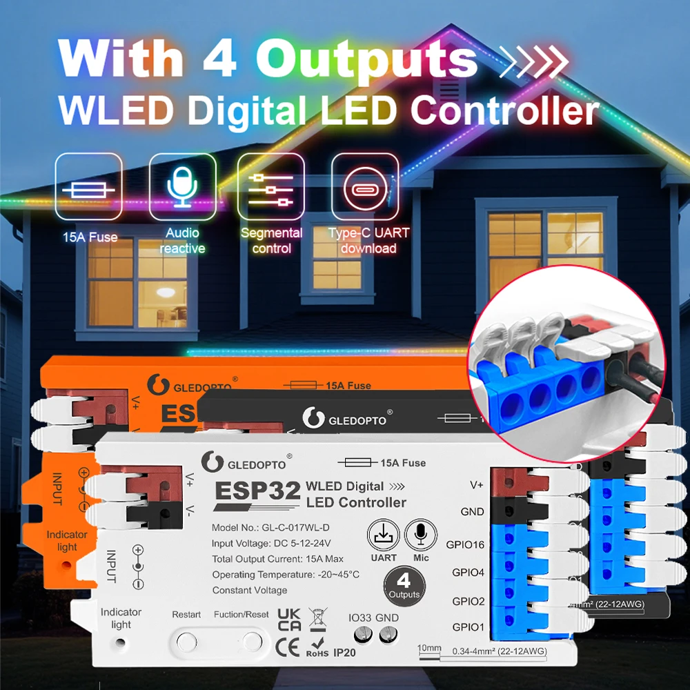 GLEDOPTO 4 Channel ESP32 WLED Controller 017WL-D Fuse Level Shifter UART Download DIY Dynamic Lighting Mode APP Voice Control