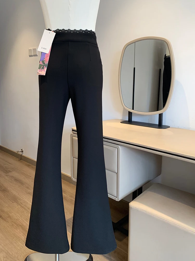 블랙 엘레강트 수트 팬츠 여성 심플 레이스 패치워크 오피스 레이디 플레어 트라우저 하이 웨이스트 슬림 핏 캐주얼 패션 여성 팬츠