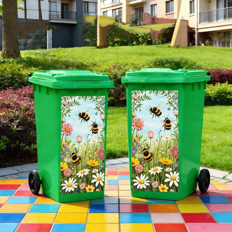 2D Flat 1pc Garbage Bin Stickers Flower Flowers Bee Dance Theme Design Kitchen Garbage Bin Decoration Suitable