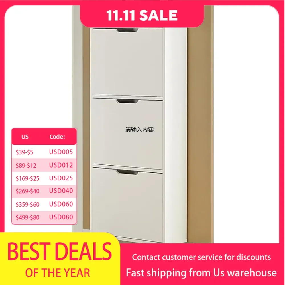 Shoe cabinet with 3 clamshell drawers, narrow freestanding shoe rack, concealed shoe cabinet, 7.5 D x 39.4 W x 35.6 H inches