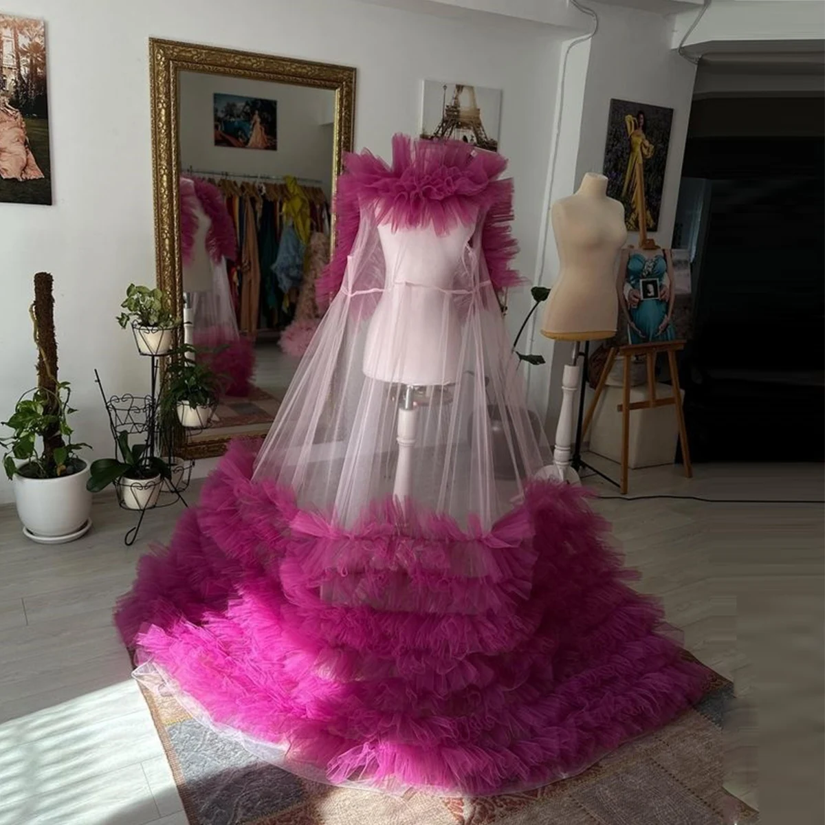Charmoso babado tule longo capa em camadas até o chão feminino formal wear para festa capa tule ver através da capa vestidos de sessão de fotos