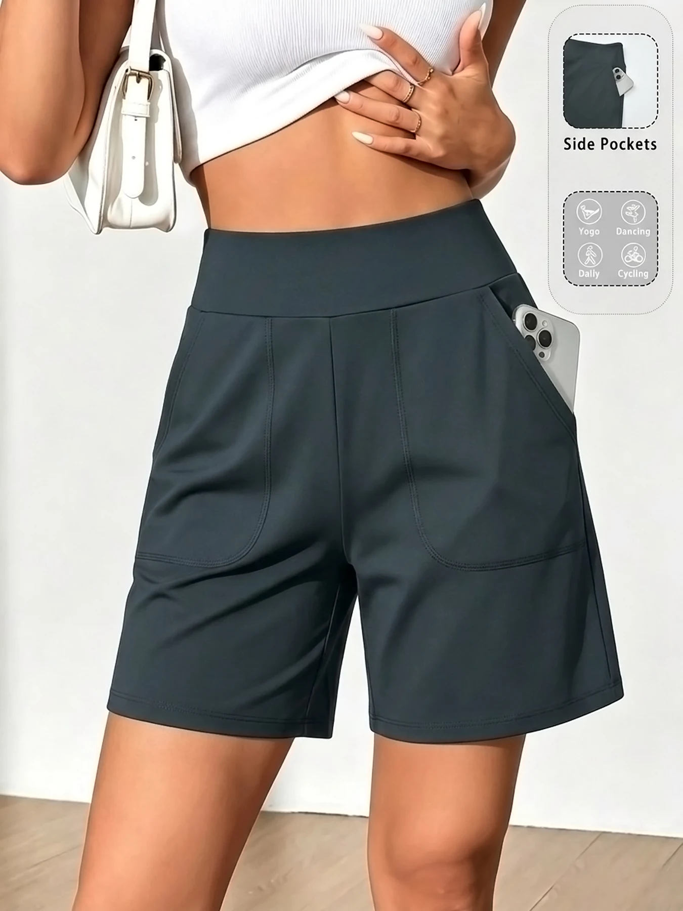 Bermudashorts voor dames met zakken, hoge taille, lange shorts voor hardlopen, workout en sport.