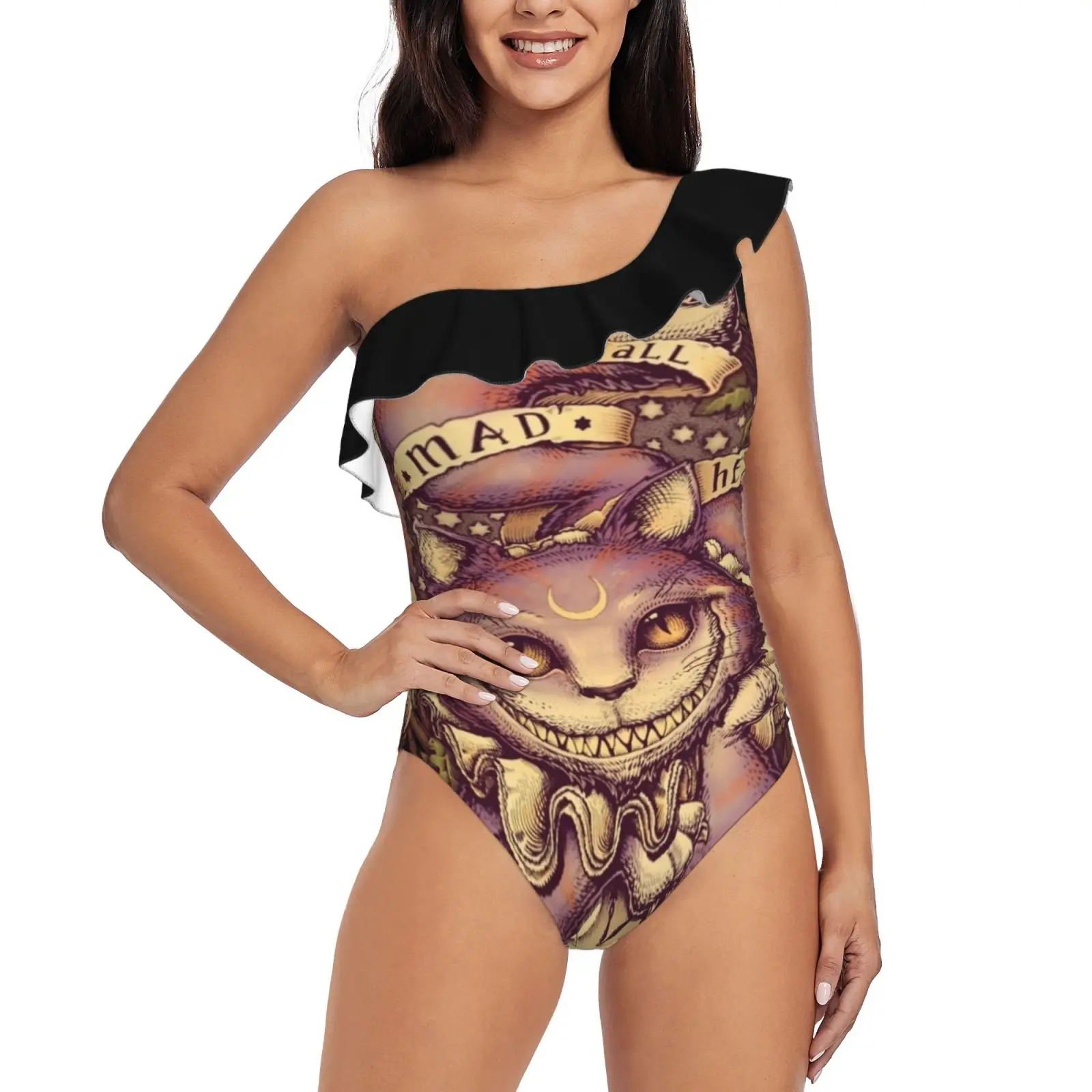 

Cheshire Cat One-Piece Swimsuit One Shoulder Ruffle Swimsuit Sexy Monokini New Girl Beach Swimwear Cheshire Cat Alice In Cats