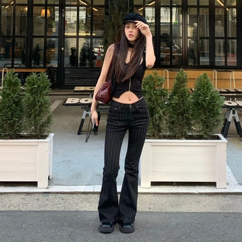 Low Waist Vintage Stripe Flare Jeans Women Casual Patterned Slimming Bell Bottom Trousers Faionable Cotton Stretch Denim Pants