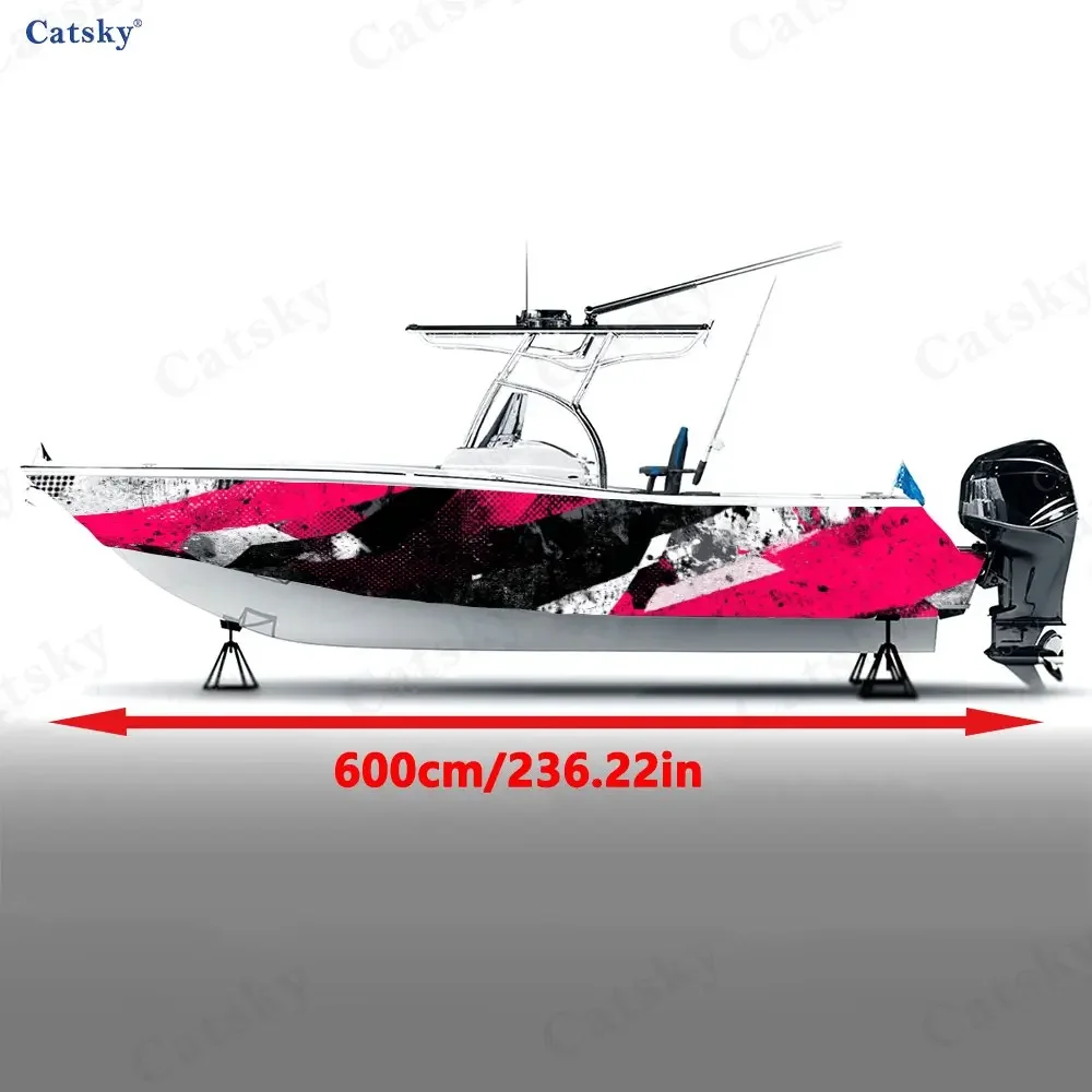 2Pcs Red & Black Splash Ink Geometry Boat Sticker, PVC Waterproof Vinyl Wrap Decals for Fishing Boat, Durable and Stylish Design