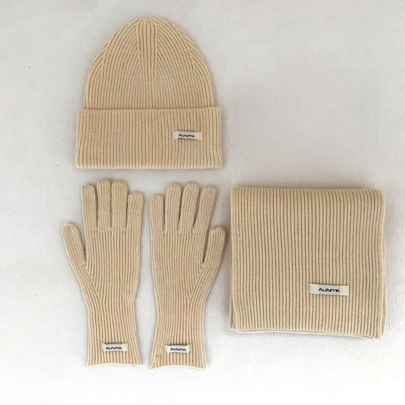3pcs Set Solid Color Knitted Faux Cashmere Winter Warm Scarf Hat Gloves Soft Cozy Cold Weather Accessories One Size Fits Most