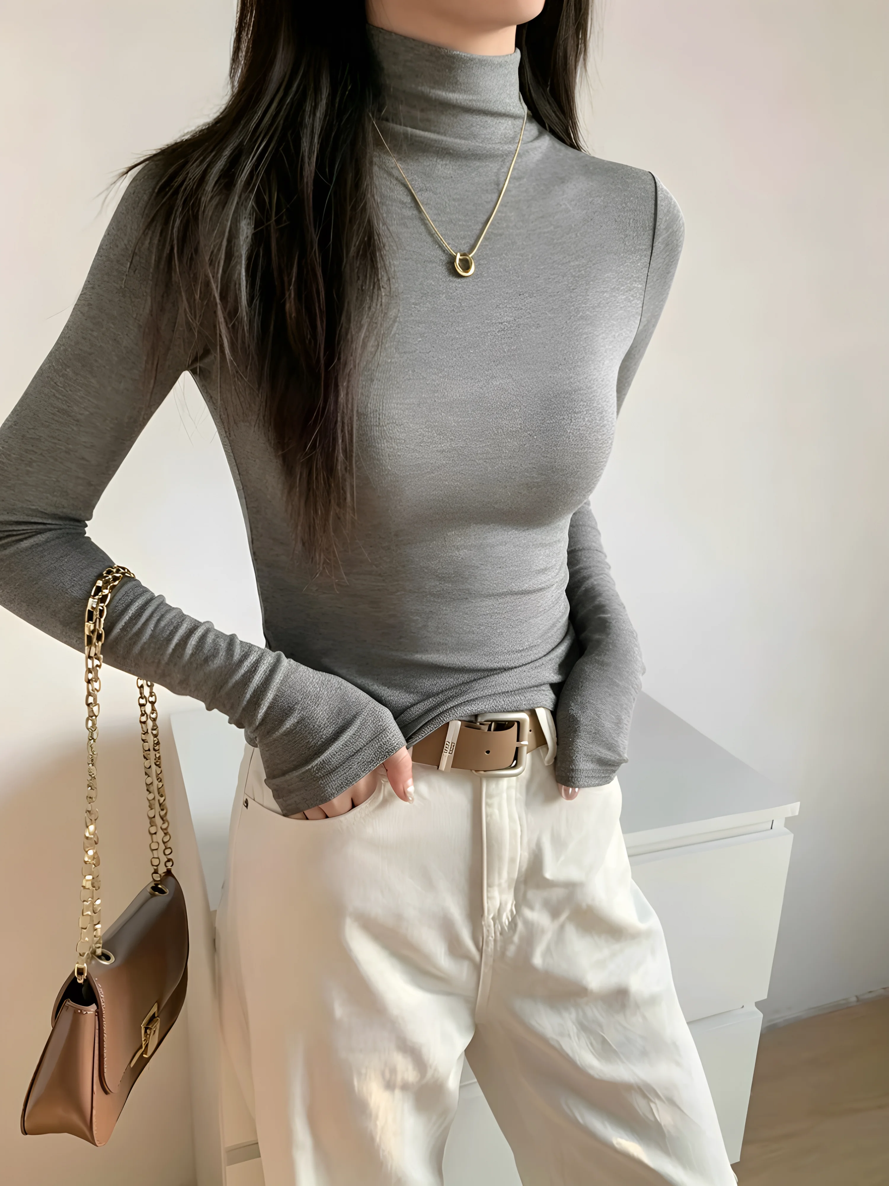 Women's Slim Fit Long Sleeve Fleece Lined Half High Neck Base Shirt Autumn Winter New Style Inner And Outer Wear T Shirt Top