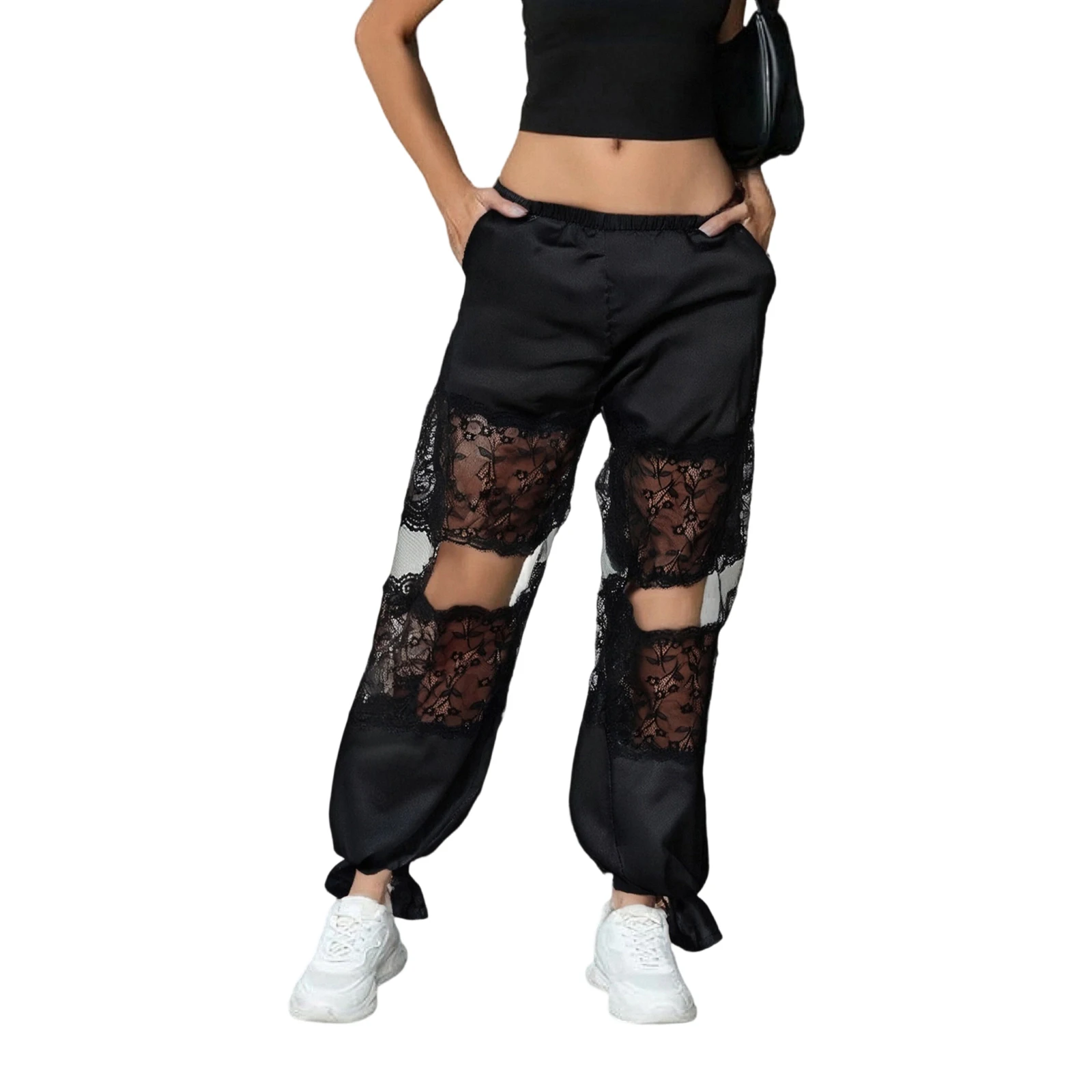 سراويل نسائية كاجوال سوداء مع جيوب من الدانتيل الشفاف المرقعة بخصر مطاطي