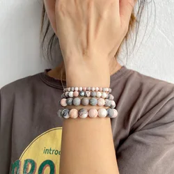 Natural Pink Zebra Beaded Bracelets Women Fashion Round Stone Bracelets Men Yoga Meditation Jewelry Gift Elastic Rope Bracelet
