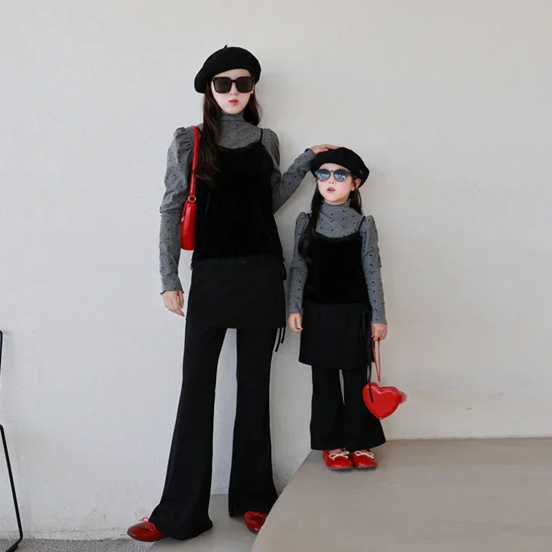 Mom and Baby Girl Elegant Matching Outfit Mother Daughter Equal Clothes Mummy and Me Velvet Vest Long Sleeve Pullover Pants Sets image 3
