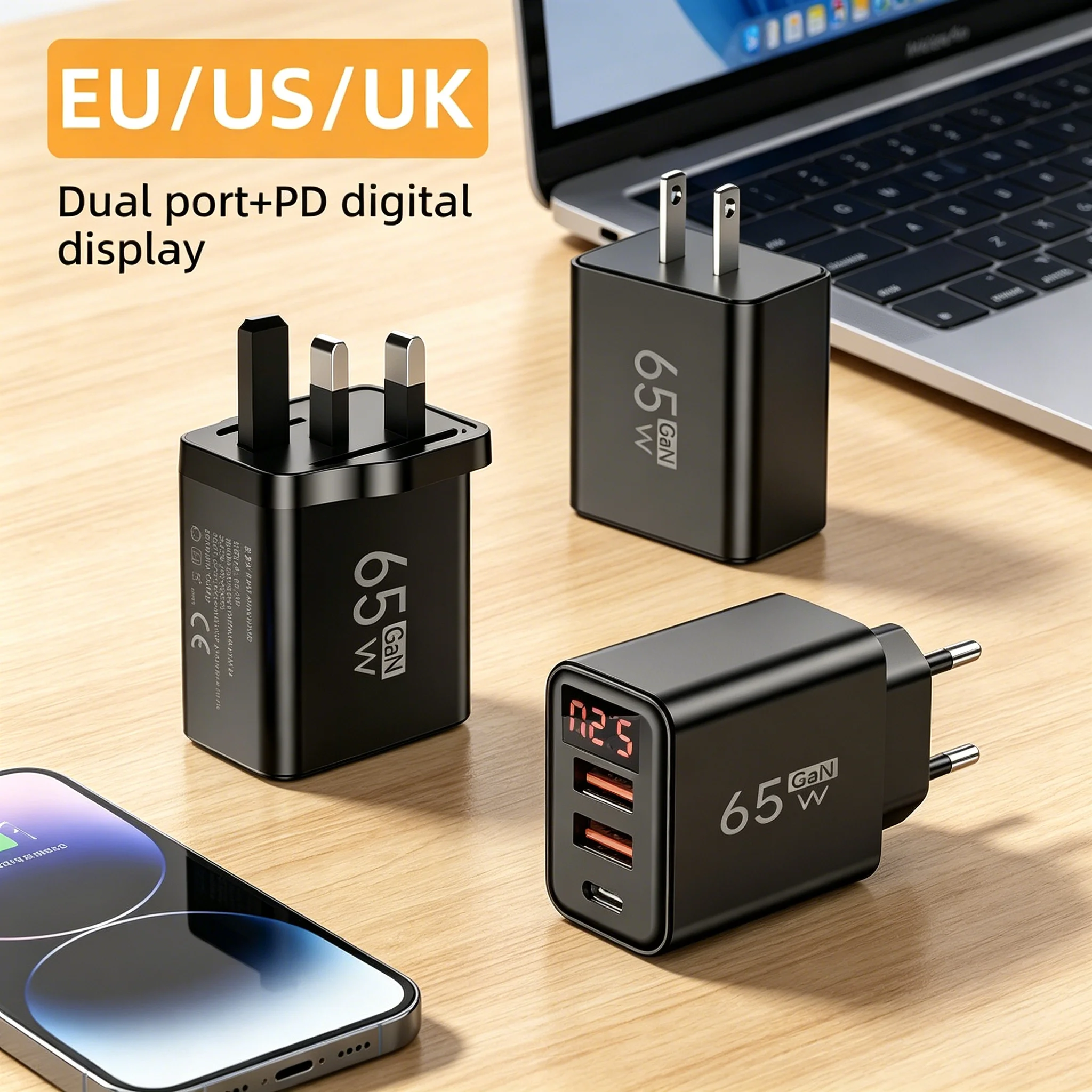 USB PD GaN 65W Schnellladegerät Typ C Quick Charge Wandladegerät Handy-Ladegerät für iPhone Samsung Xiaomi EU US UK Stecker